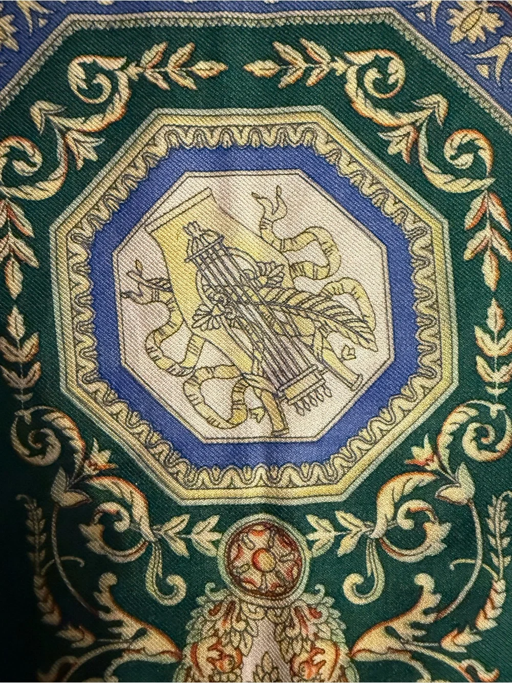 Vintage ETRO Italy Wool Silk Scarf stole Green Gold Baroque Greek Key 54Lx16W